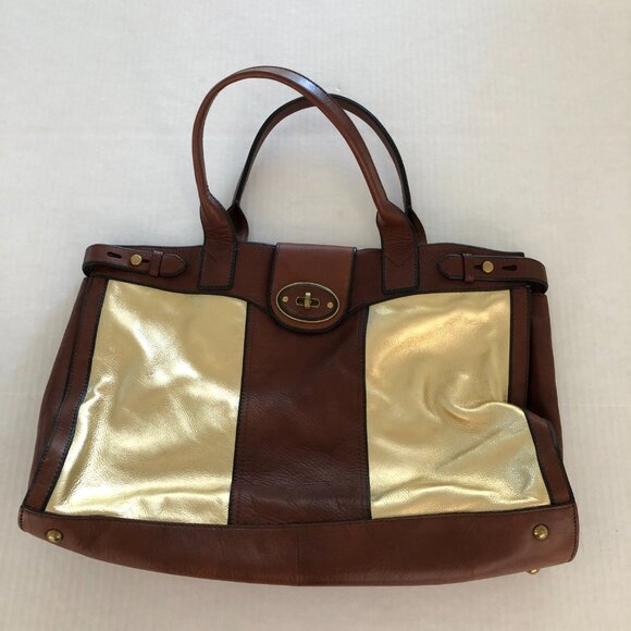 FOSSIL Vintage Reissue Brown Leather Shimmer Gold XL Weekender Duffle Bag RARE - Picture 5 of 11